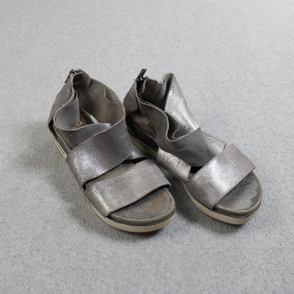 Eileen Fisher Sandals Shoes Womens Size 8 Silver Suede Strappy Zip Comfort Flat